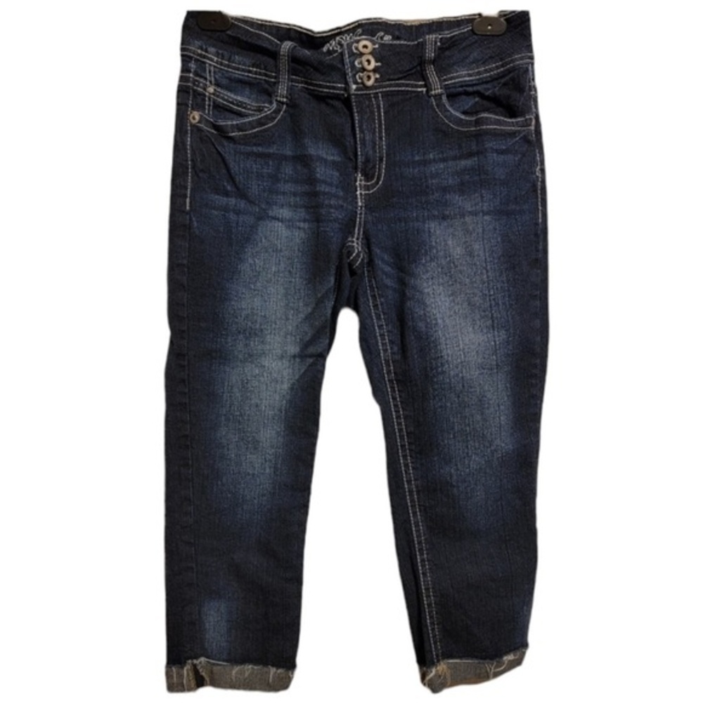 Myth of Jade sz 14 dark blue vintage wash mid-rise cuffed frayed hem Capri jeans